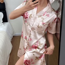 女士睡衣家居服性感印花卉夏季薄款仿真丝欧美跨境衬衫裙小碎花