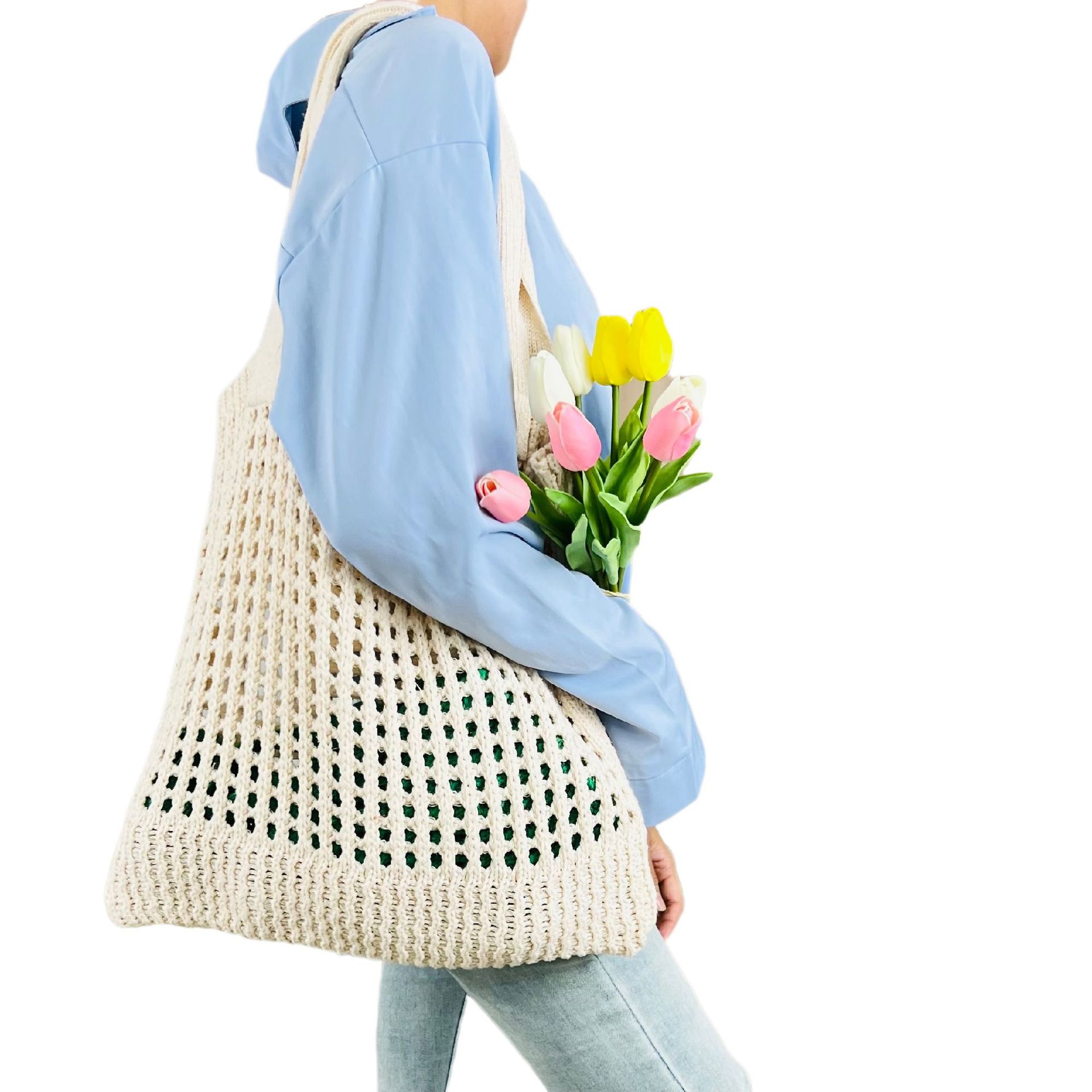 2023 nueva bolsa transfronteriza bolso de mano japonés y coreano bolsa de color sólido bolsa de punto bolsa hueca bolsa de hombro bolsa tejida