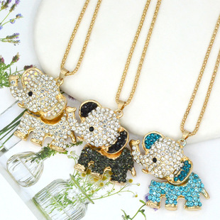 Cross-Border Wholesale Cartoon Full Diamond Elephant Necklace Jewelry Coat Chain Inlaid with Rhinestones Zinc Alloy Animal Elephant Sweater Chain