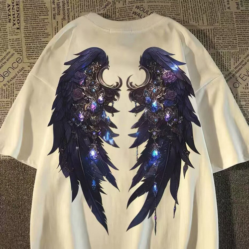 Summer unisex kids American retro dark wings print t-shirts for big kids oversize streetwear tops