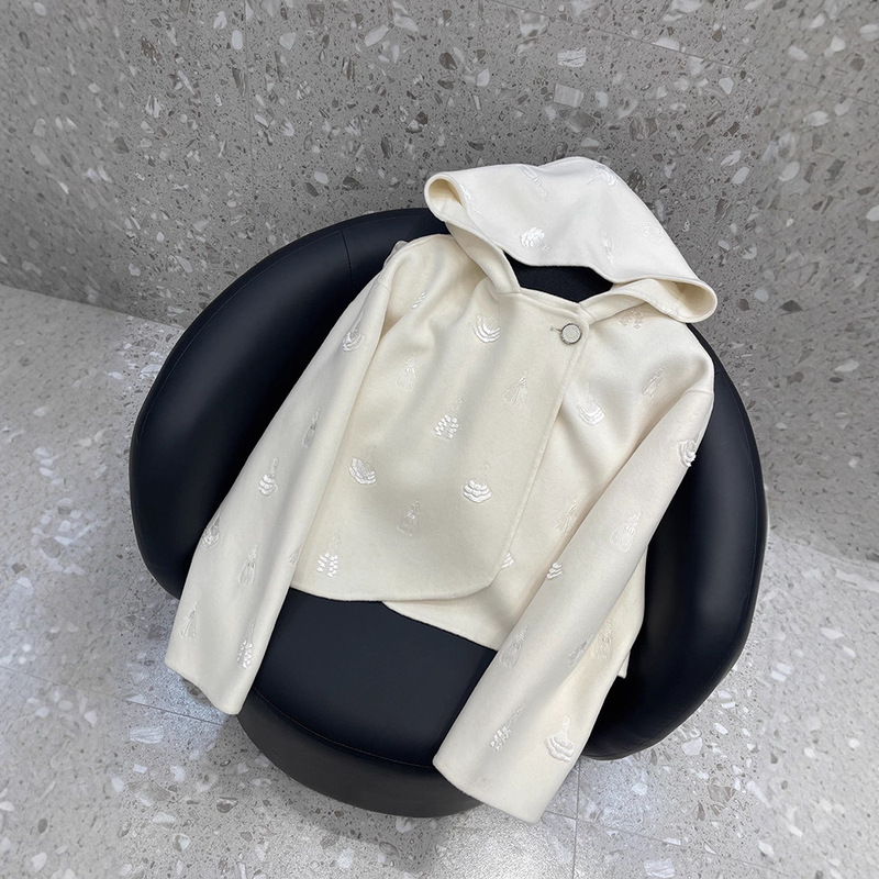 2026 Autumn and Winter New Hms Same Style Cream White Hooded Double-Sided Cashmere Coat Embroidered Short Jacket for Women