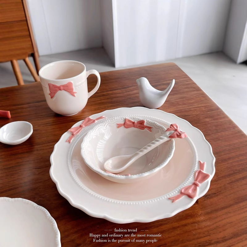 High-value Bow Cute Small Rice Bowl Cake Diet Deep Plate Cup Girly Heart Ceramic Tableware Household Dish Plate