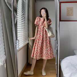 时尚连衣裙女夏短袖衬衫设计感小众碎花气质高档百搭拼色连衣裙潮
