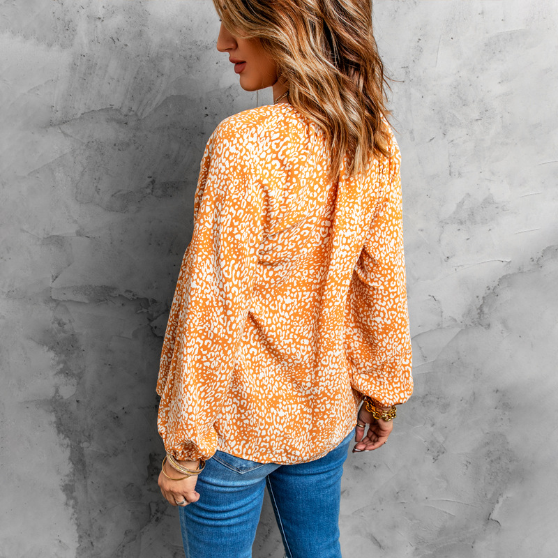 时颖亚马逊雪纺衫女秋季新款圆领民族风刺绣拼接灯笼袖雪纺上衣女