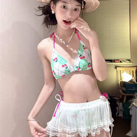 甜辣少女樱桃比基尼小胸学生甜妹分体泳衣女套装防晒长袖罩衫玩水