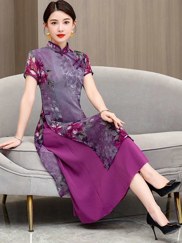Платье, летнее длинное синее чонсам для мамы, китайский стиль, с коротким рукавом