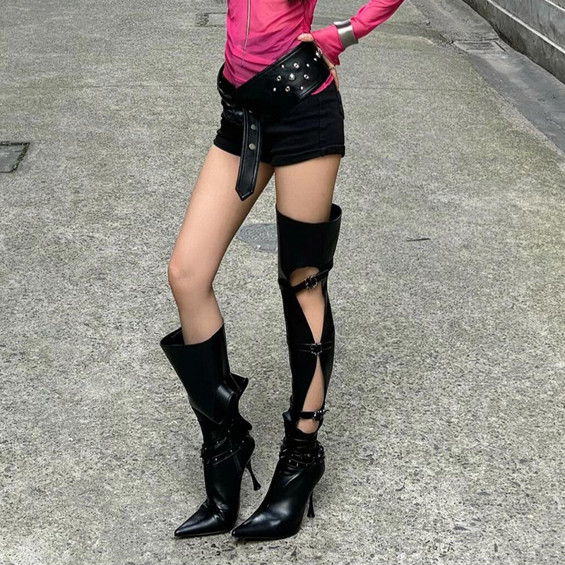 Hollow-Out Boots, Hot Girl Belt Buckle Strap Long Boots, Women's Pointed Toe Stiletto High-Heeled Riding Sandals (Tax Not Included)