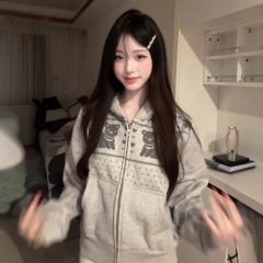 日系古早感vintage小熊连帽卫衣女秋季薄款宽松百搭休闲开衫外套