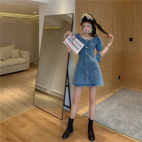 Age-defying French denim dress for women, summer size large, for plus-size women, bubble sleeves, waist-cinching, slenderizing, covering belly and back, strap dress