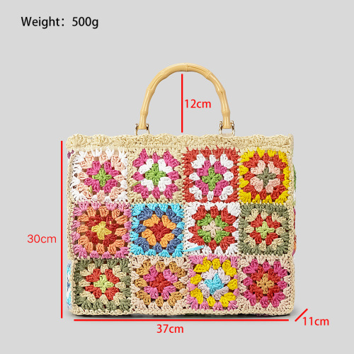 Spring and Summer Grandmother's Colorful Grass Weaving Bag, Women's Pure Handmade Paper Weaving Bag, Retro Bamboo Joint Handheld Bag, Vacation Shoulder Bag