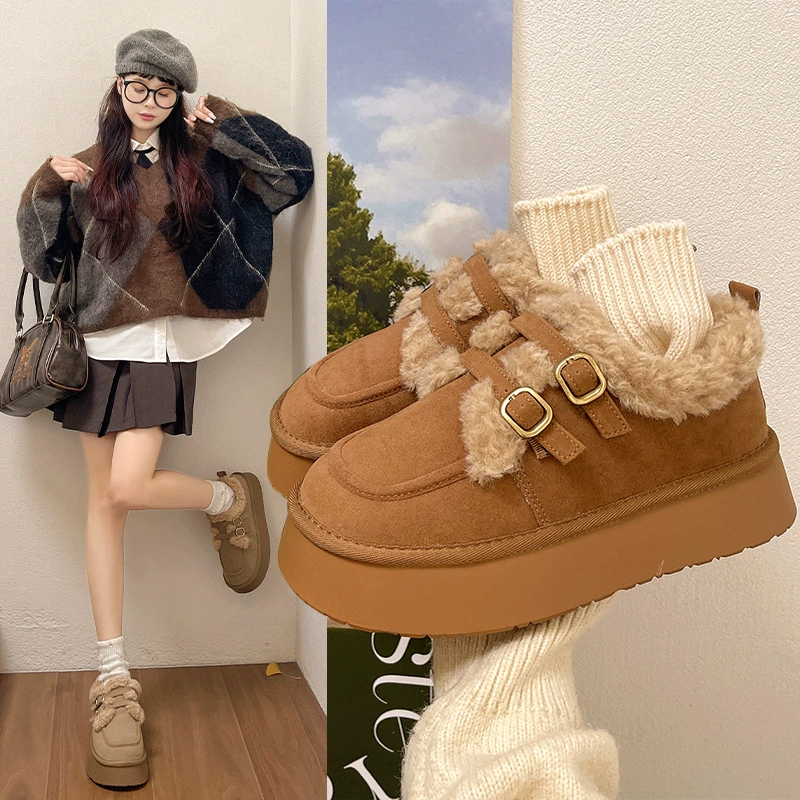 Соленые сладкие матовые кожаные толстые бокенские туфли на флисовой подкладке для женщин 2023 осень-зима Новые слипоны в Корейском стиле ретро хлопчатобумажные туфли