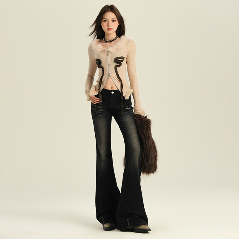 AMERICAN RETRO HIGH STREET OLD WASHED MICRO-LA JEANS 여성의 2024 가을 고양이는 스트레치 걸레 바지를 슬림해야합니다