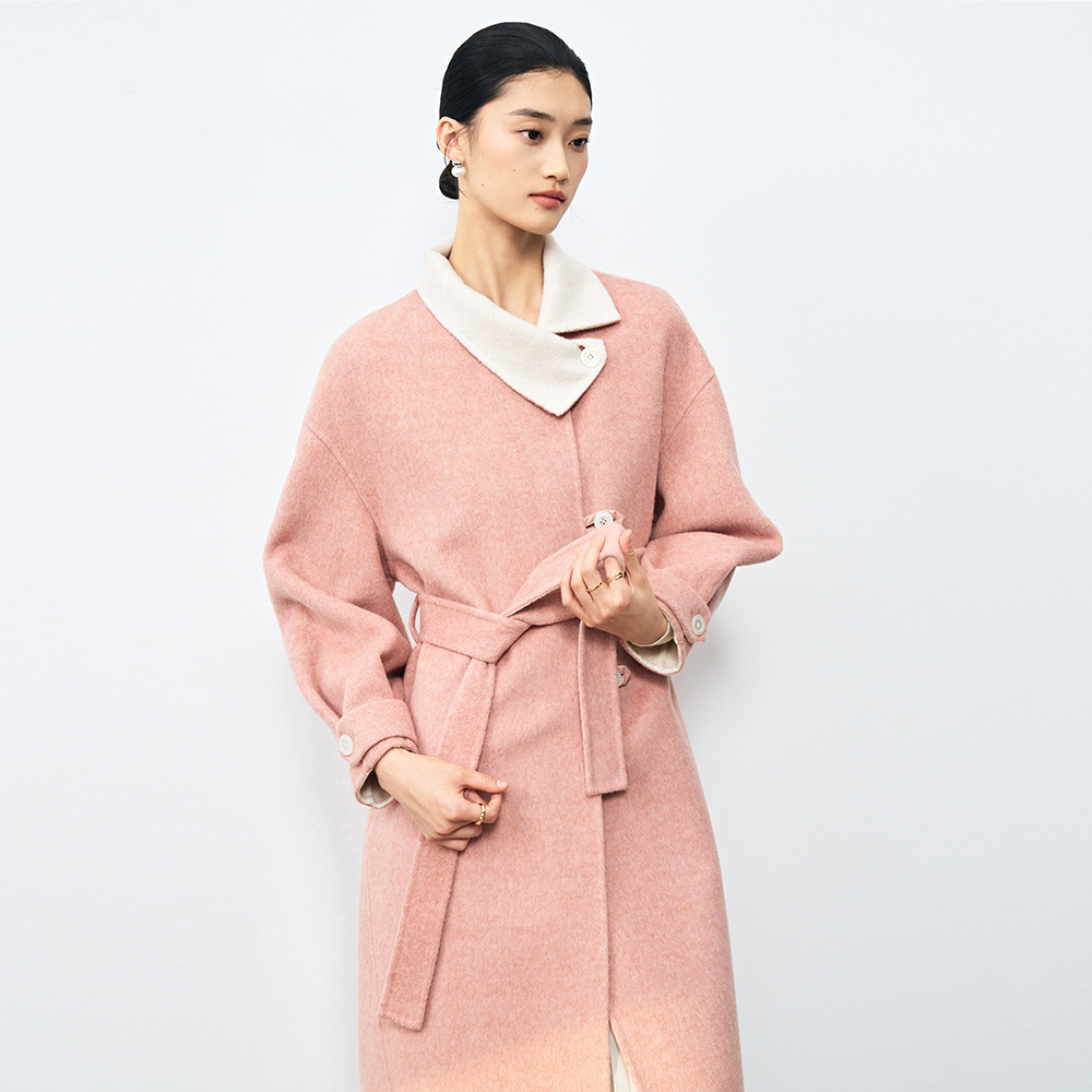 盛宏秋冬新款小翻领皮扣袢羊毛中长款系带双色双面呢大衣外套女