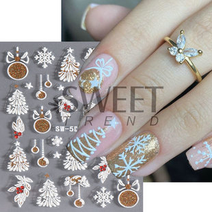 Cross-border new Christmas nail art stickers 5D relief three-dimensional winter snowflake golden glitter lamp ball elk nail stickers