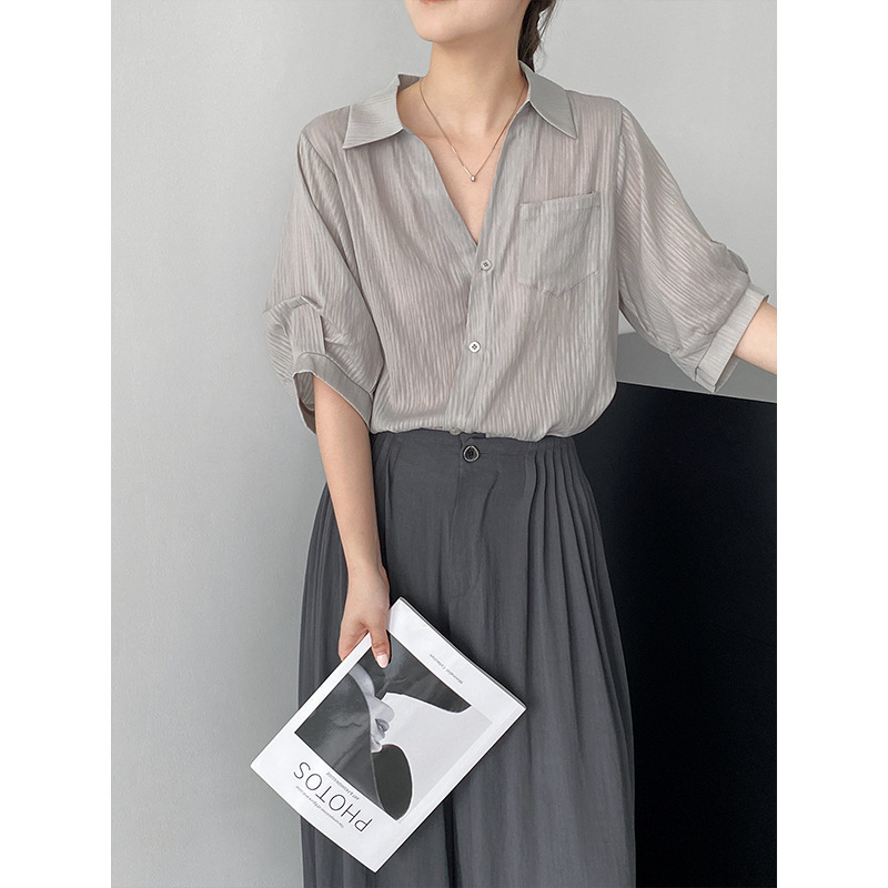 Jiang Chi Commuting Style Lapel Fine Striped Mid-Sleeve Shirt for Women V-Neck Irregular Diagonal Button Versatile Top 635 Jiang Chi Commuting Style Lapel Fine Striped Mid-Sleeve Shirt for Women V-Neck Irregular Diagonal Button Versatile Top 635