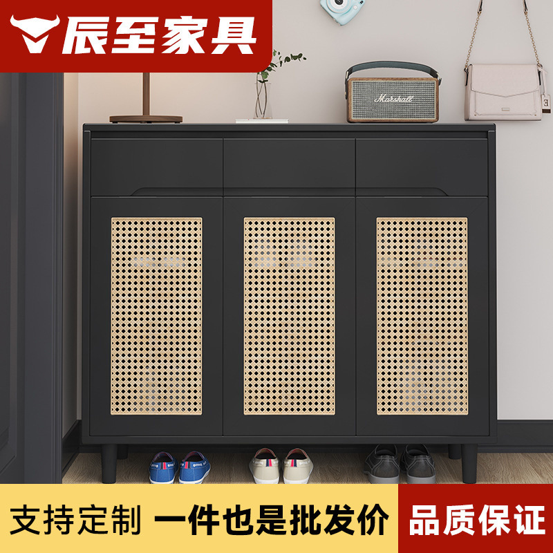 Solid wood rattan shoe cabinet home door rattan storage home economical storage black shoe cabinet