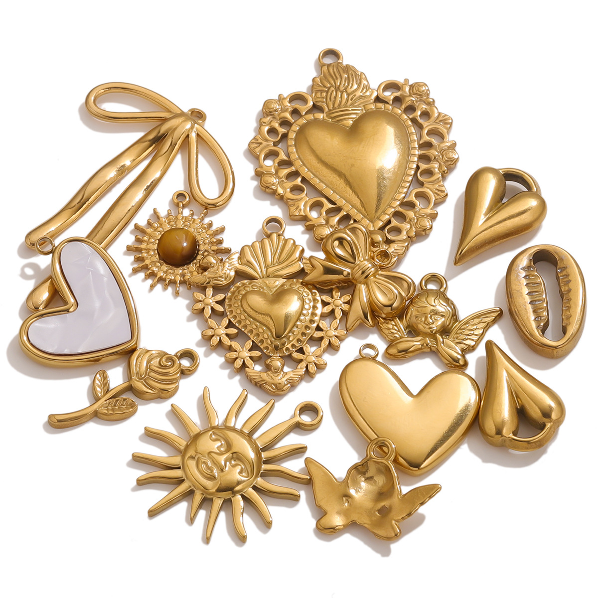 304 Stainless Steel Material 5 PCS/Package 304 Stainless Steel Sun Heart Shape Bow Knot Pendant DIY Ornament Accessories