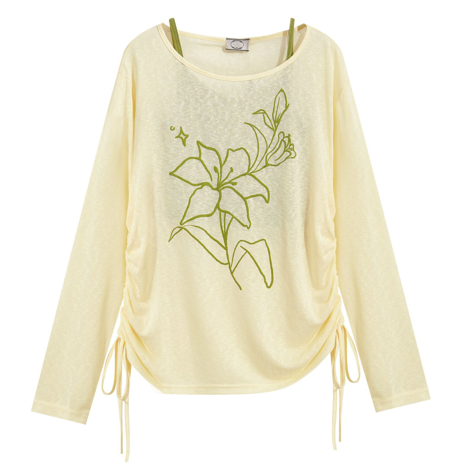 Lyocell Long-Sleeve Asymmetrical Shoulder Blouse for Women, Summer Thin Sun-Protective Yellow Top, Layered with a Camisole T-Shirt Two-Piece Set