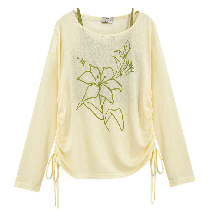 Lyocell Long-Sleeve Asymmetrical Shoulder Blouse for Women, Summer Thin Sun-Protective Yellow Top, Layered with a Camisole T-Shirt Two-Piece Set Lyocell Long-Sleeve Asymmetrical Shoulder Blouse for Women, Summer Thin Sun-Protective Yellow Top, Layered with a Camisole T-Shirt Two-Piece Set