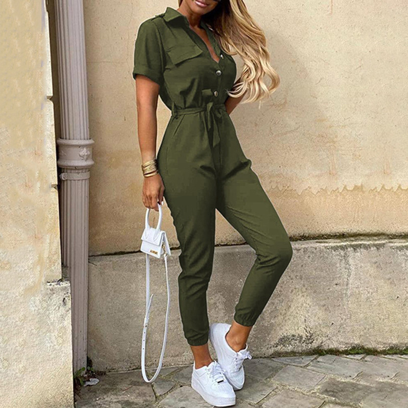 European and American plus size Amazon wish AliExpress eBay Fashion casual solid color slim high waist lace-up jumpsuit women