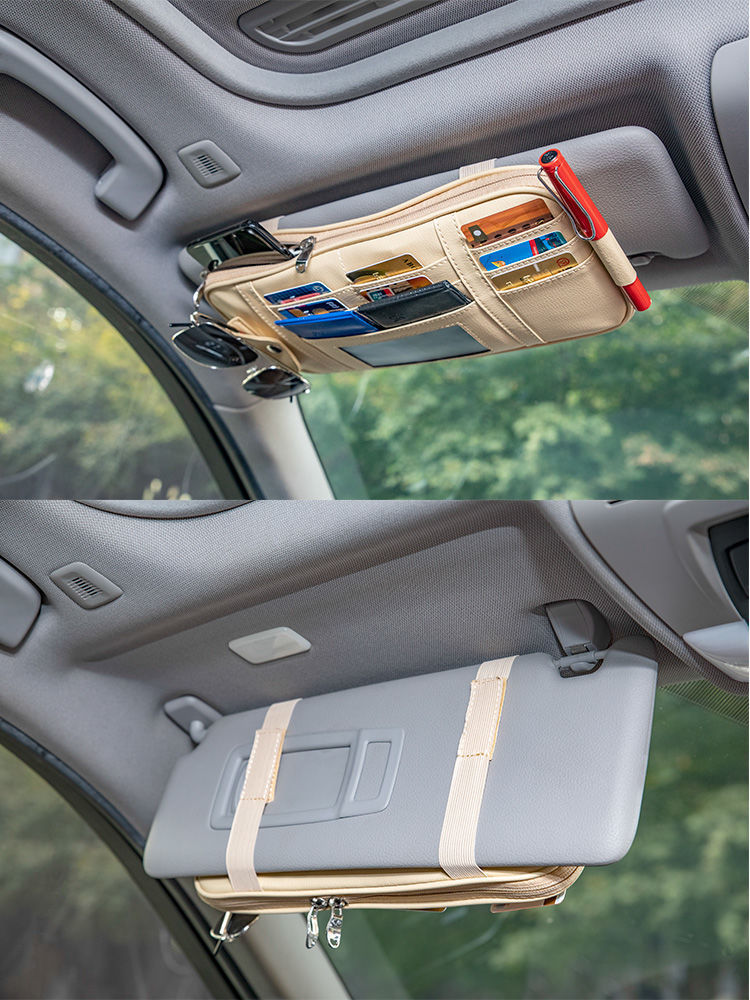 Car Sun Visor Cover Storage Multifunctional Car Glasses Clip Card Holder Leather Storage Bag Card Holder Car Interior