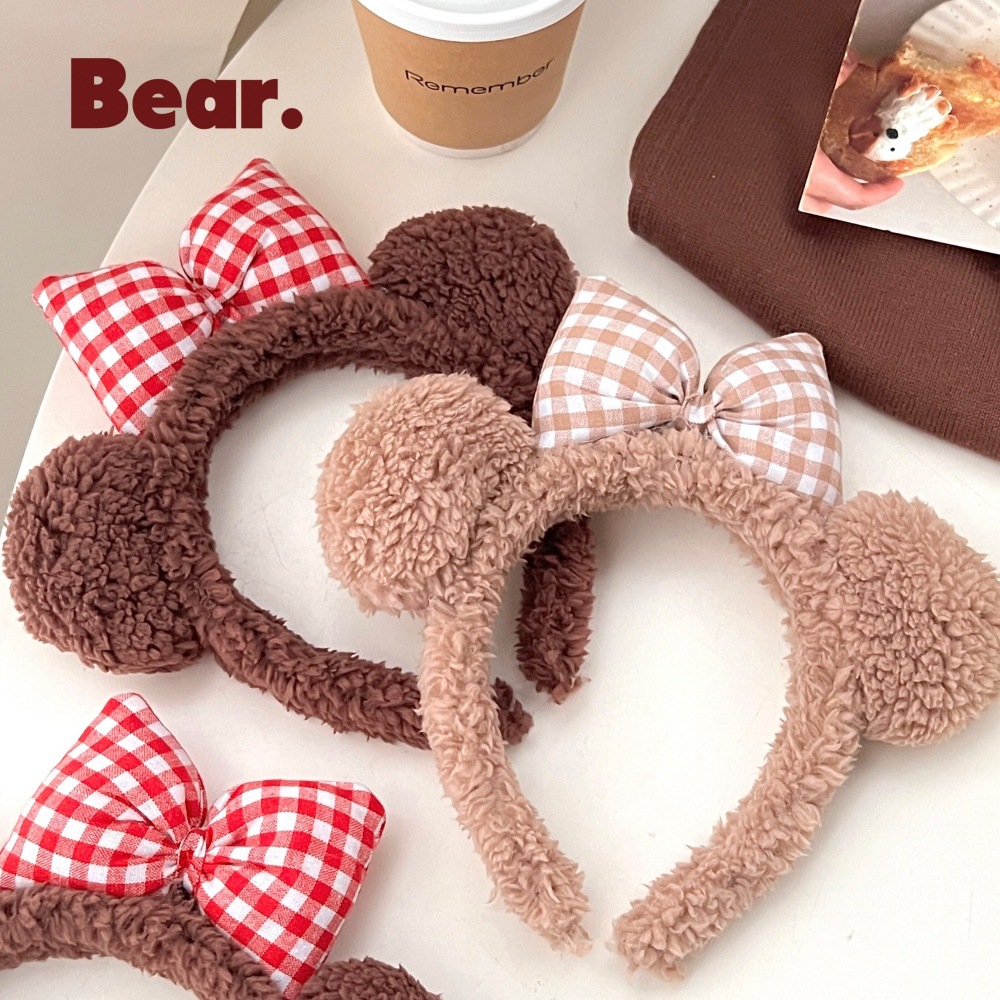 Nueva diadema de felpa de orejas de oso con lazo lindo, diadema de cara superior de cráneo alto para niña, accesorios para el cabello de todo fósforo de primavera y verano