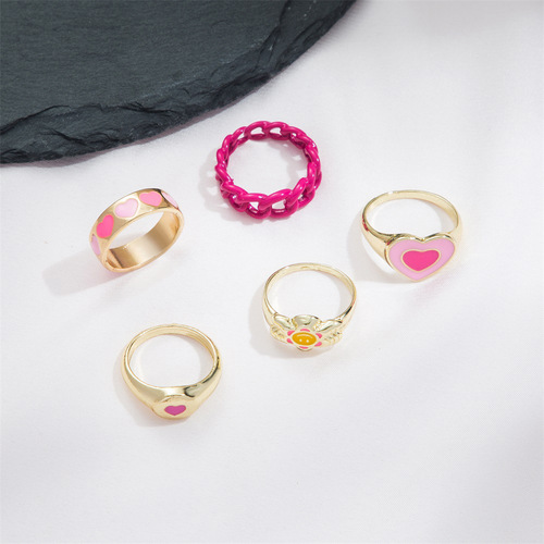 Muse Style Pink Tone Heart Hole 5-Piece Set Oil Droplet Ring Cross-Border INS Style Knuckle Index Ring Set for Women