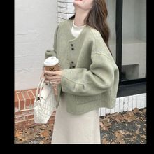 2025绿色双面呢时尚韩系手工呢子大衣短款大方外套百搭小个子氨纶