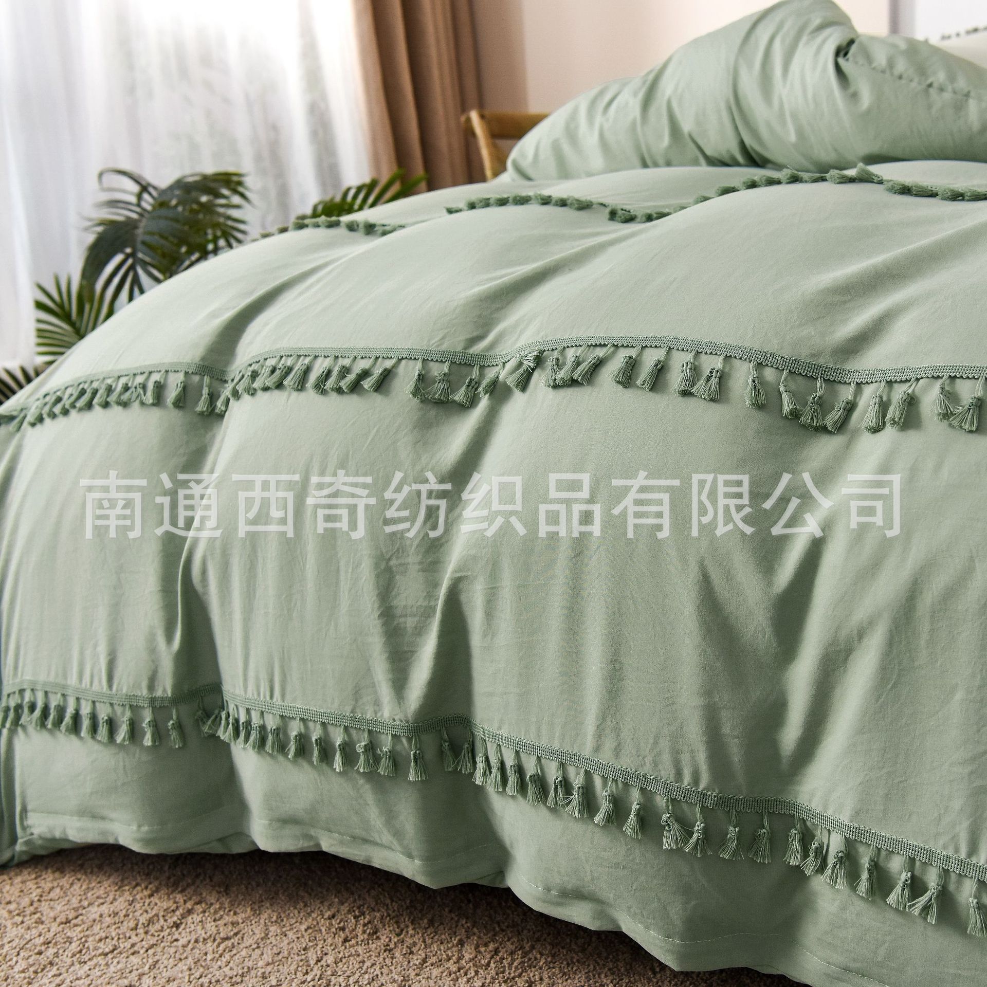 Home亚马逊床上用品纯色工艺球球流苏被套简约四件套外贸厂家批发
