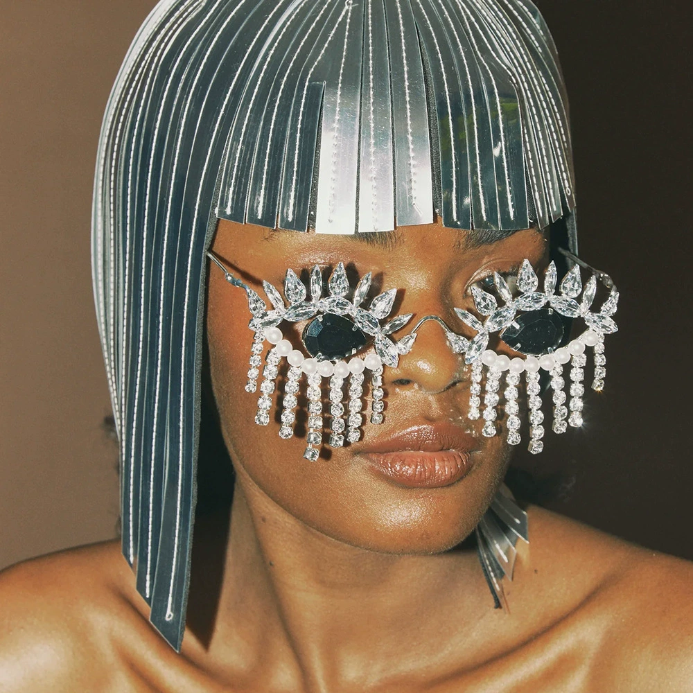 Европейские и американские черные очки от сглаза с кисточками в оправе для очков со стразами, модные новые аксессуары для уличной съемки без линз