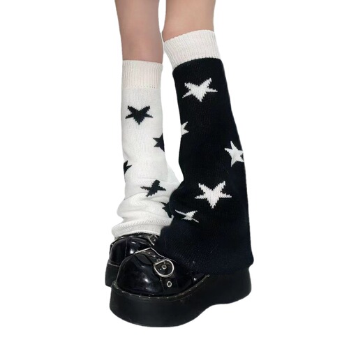 Autumn/Winter Series Spicy Girl Black and White Star Dual-Wear Knit Leggings Socks Set Y2K Color Block Pile Socks Ankle Socks