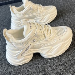 White Sneaker Mesh Breathable Dad Shoes Women's 2024 New Spring Summer Thick Sole Heeled Women's Casual Sports Shoes