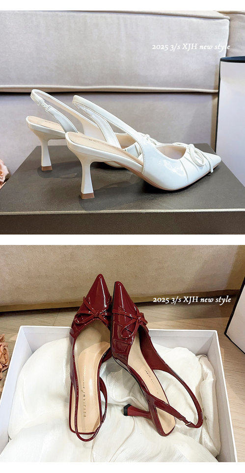 Sandal nữ bít mũi nhọn gót mảnh thắt nơ, quai hậu hở gót, gót 6–8 cm — Màu trắng be, Màu đen, Màu đỏ rượu chi tiết 15