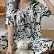 防凸点棉绸睡衣女士夏季薄款夏天短袖长裤人造棉荷叶边套装家居服