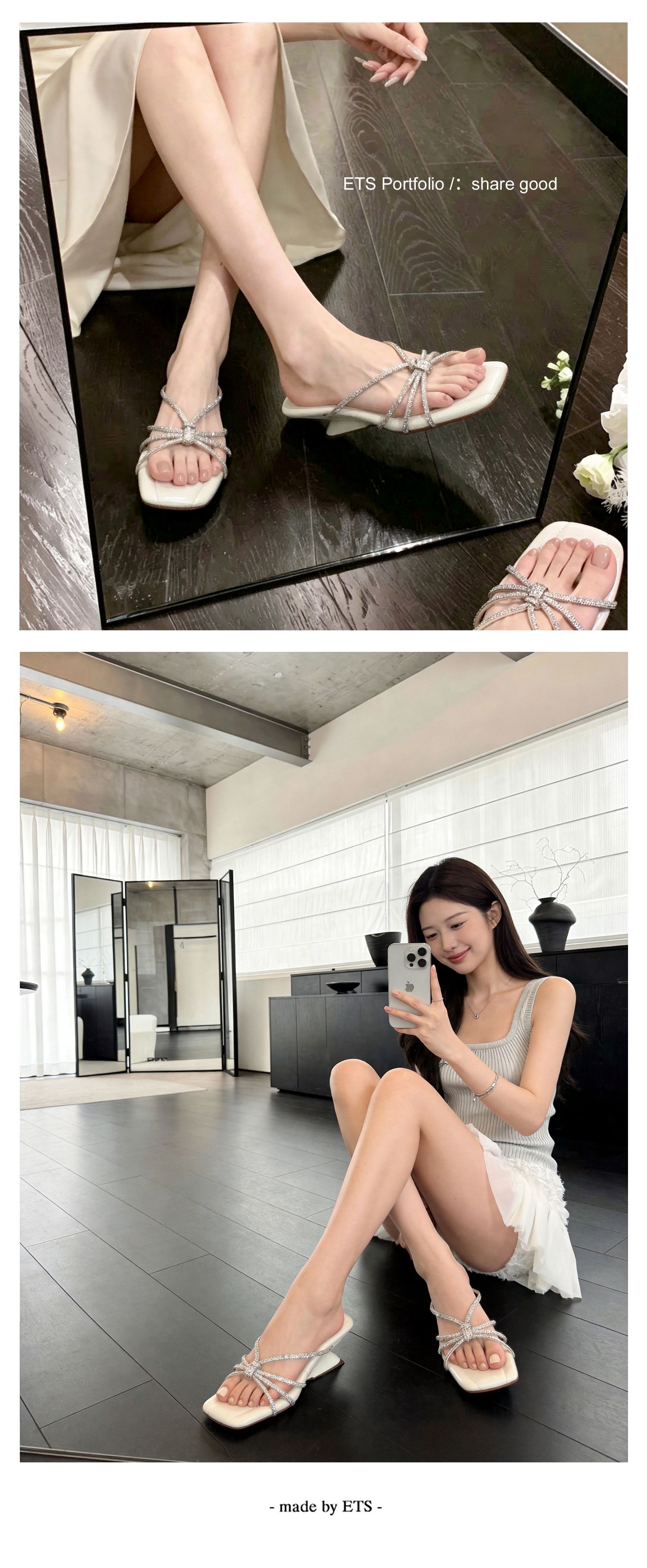 Sandal cao gót nữ mũi vuông quai ngang đính đá pha lê gót xuồng 9 cm — màu đen, màu trắng ngà, màu nude chi tiết 34