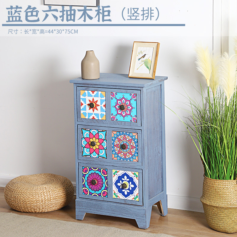 Mesita de noche americana, armario de almacenamiento creativo pastoral retro, armario de almacenamiento de madera, armario de almacenamiento de estilo étnico pintado
