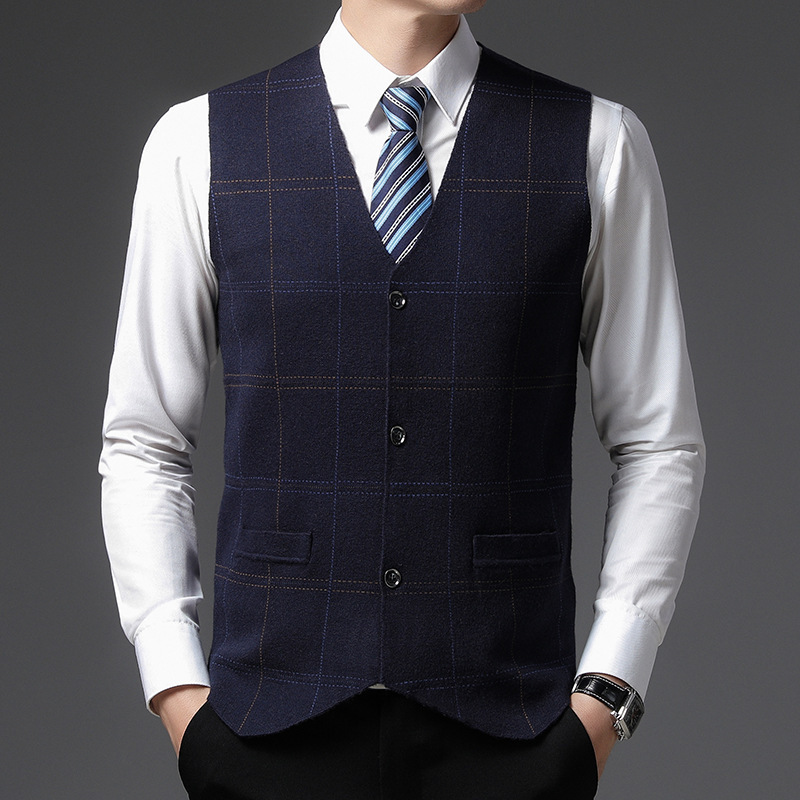 Winter Men's Waistcoat Plaid Single-breasted Cardigan Sweater Middle-aged Men's Joker Sleeveless Vest for Men