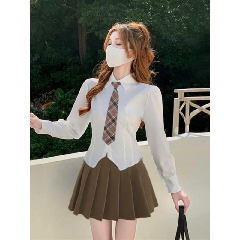制服长袖白色衬衫女收腰显瘦短款衬衣设计感上衣春秋学院风套装