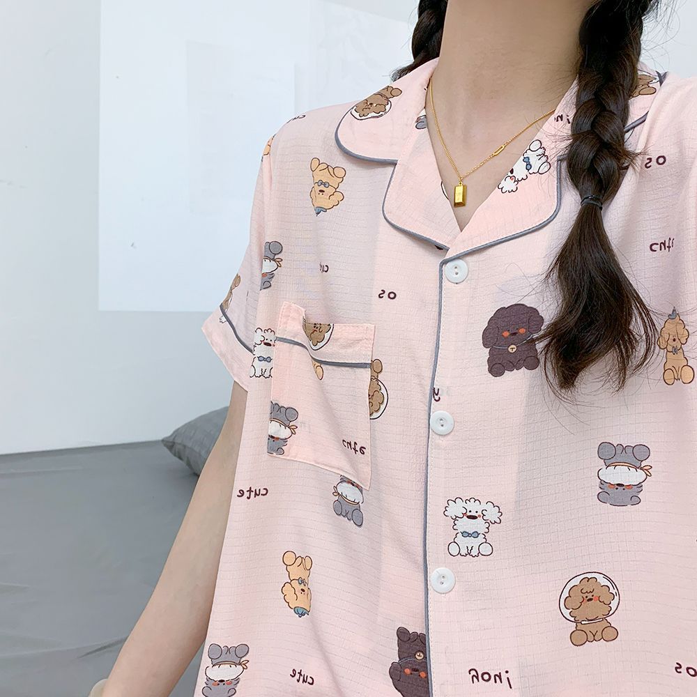 Pantalones cortos de manga corta al por mayor transfronterizos, rebeca, pijamas de solapa, ropa de hogar con estampado de arrugas de burbujas de verano para mujer