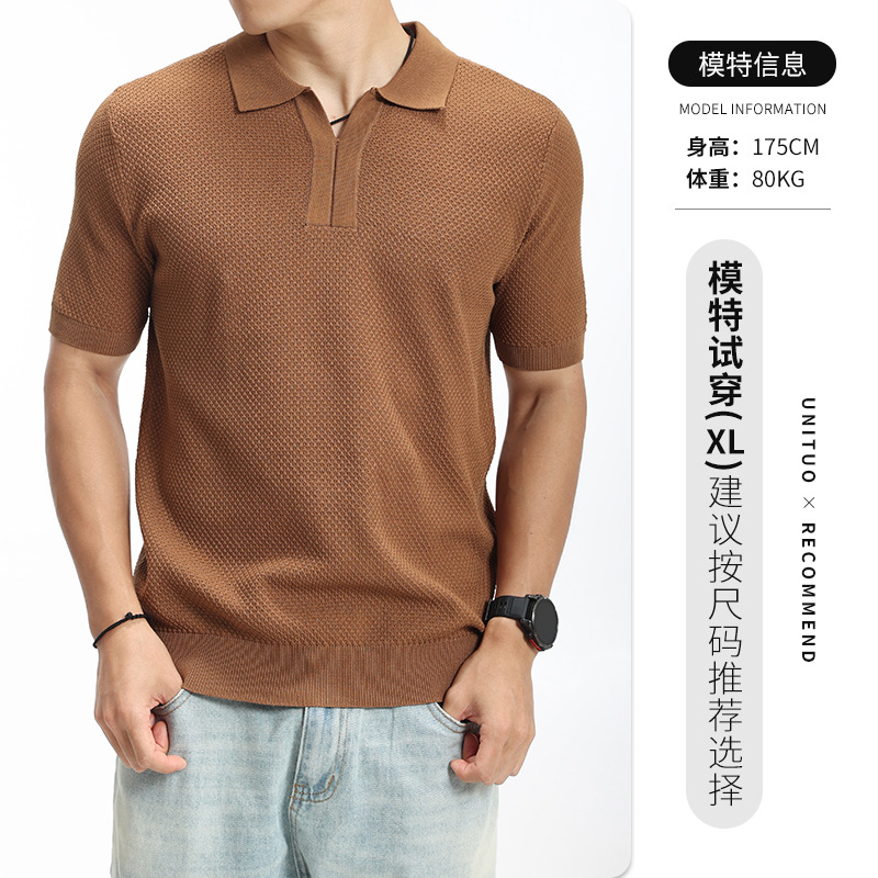 Lujo ligero viejo estilo de alta sensación gaviota cuello de hielo de punto camiseta polo hombre de negocios con camiseta de cuello de manga corta Paul