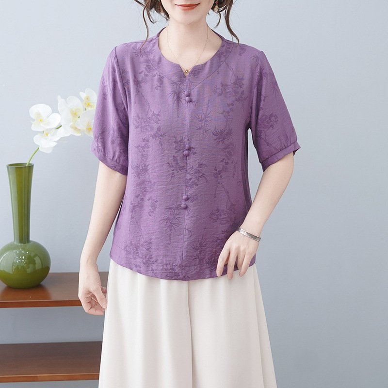 2026 New Summer Women's T-Shirt, New Style for Moms, Printed Loose-Fitting Slimming Cotton-Linen Short-Sleeve Top