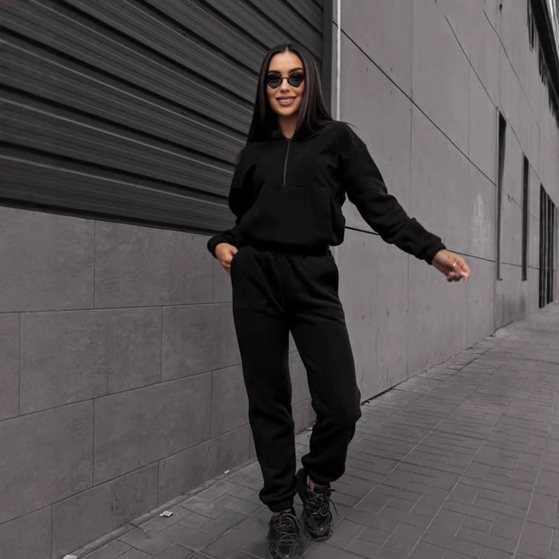 欧美跨境女士休闲套装纯色长袖拉链领套头卫衣松紧运动长裤二件套|undefined
