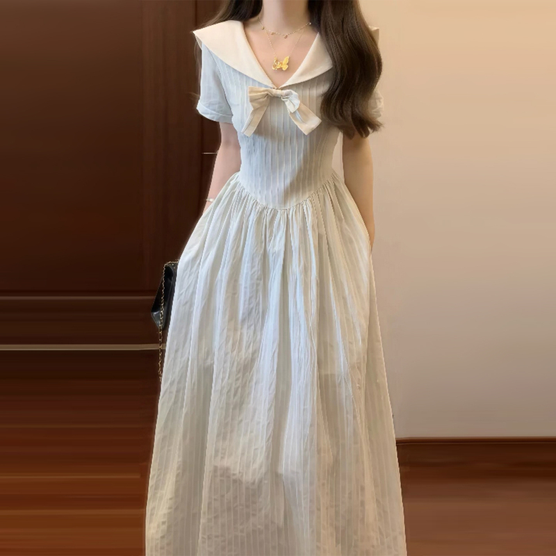 Academy-Style Navy Striped Short-Sleeve Dress for Women, Summer New Waist-Cinching Elegant Long Dress Academy-Style Navy Striped Short-Sleeve Dress for Women, Summer New Waist-Cinching Elegant Long Dress