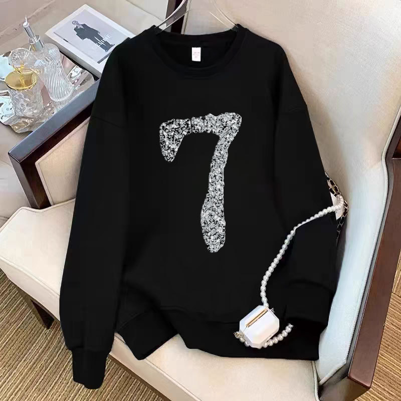 American Trendy Black Round Neck Sweatshirt for Women Autumn and Winter 2025 New Loose Large Size Velvet Thickeneded Top