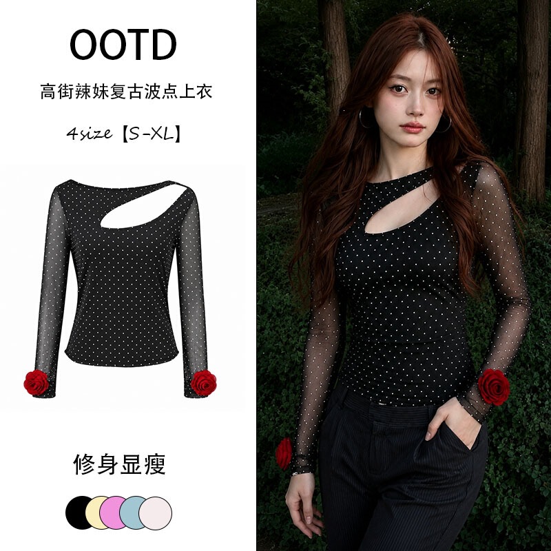 French-style retro polka dot base shirt for women, slim-fit, pure and alluring, new early autumn long-sleeve top, lightweight outfit French-style retro polka dot base shirt for women, slim-fit, pure and alluring, new early autumn long-sleeve top, lightweight outfit