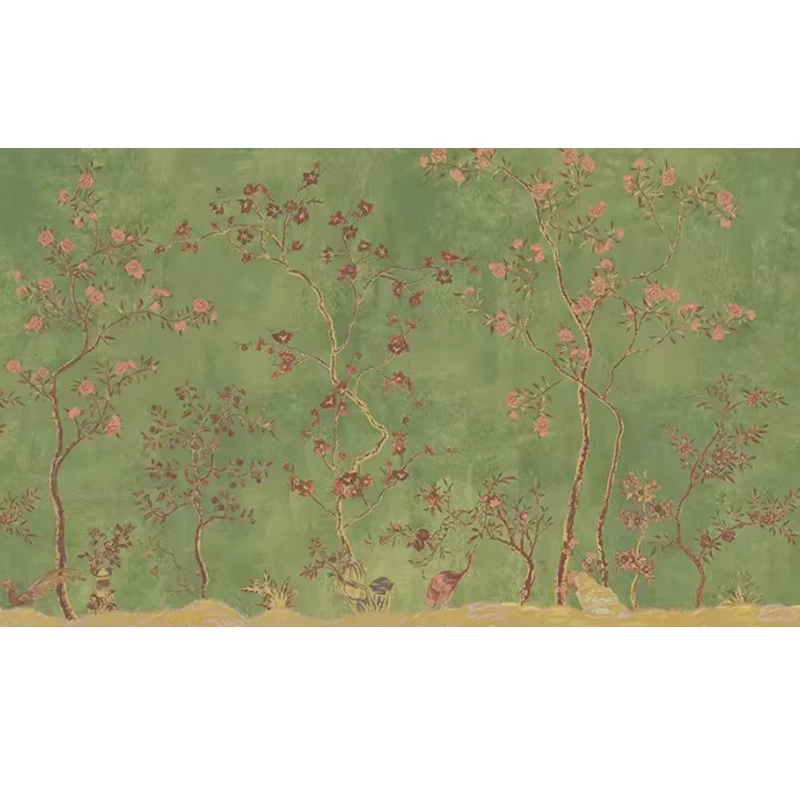 Wall mural wallpaper, green Chinese‑style flowers and birds, seamless TV background, multiple materials
