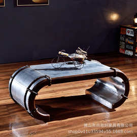 金属铝皮铆钉藤条茶几LOFT工业风复古个性酒吧咖啡厅客厅会所茶台