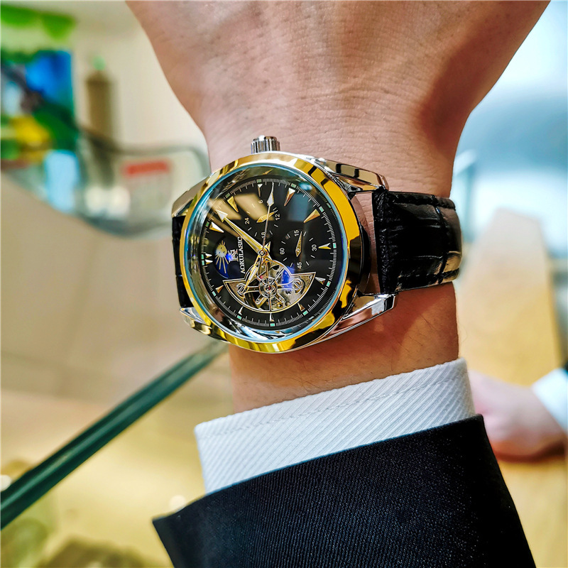 Ogulas hueco-hacia fuera gran volante automático reloj mecánico reloj de los hombres impermeable luminoso fase lunar reloj multifuncional 1781