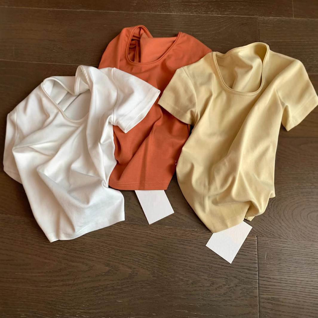 U Collar Short-sleeved T-shirt Women's 2025 Summer New Korean Style Simple Basic All-match Loose Slimming Solid Color Top