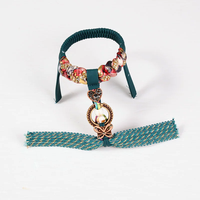 Богемская новая женская обувь верхняя полуфабрикаты модные стразы плоский склон с каблуком сандалий верхняя часть льняного зеленого цвета